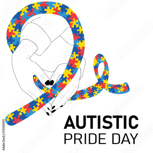 Autistic Pride Day poster. Vector cartoon illustration of  hands with a heart shape holding a awareness ribbon.