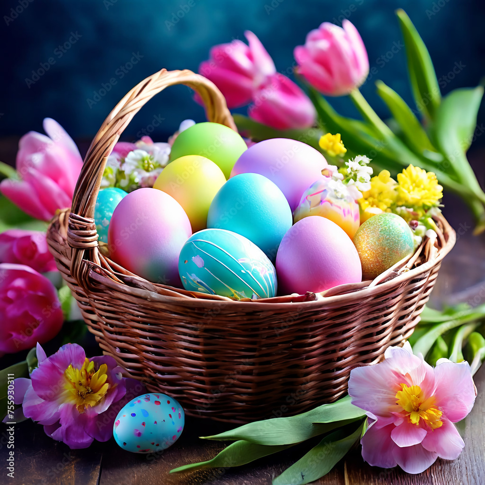 bright colorful eggs in the basket for Easter