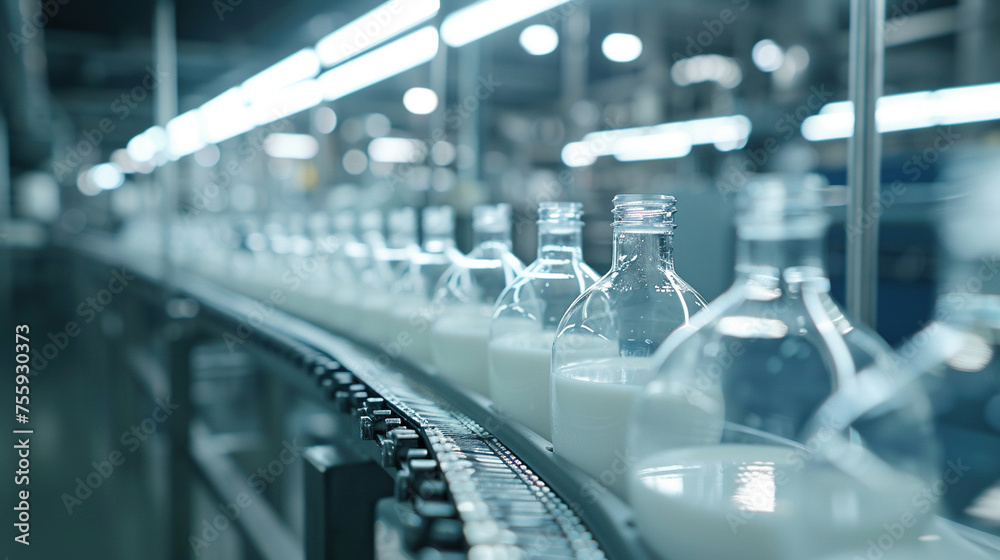 milk production at a dairy factory. show a line of glass bottles moving along a production belt in a young modern factory with copy space milk production at a dairy factory. show a line of glass bottles moving along a production belt in a young modern factory with copy space