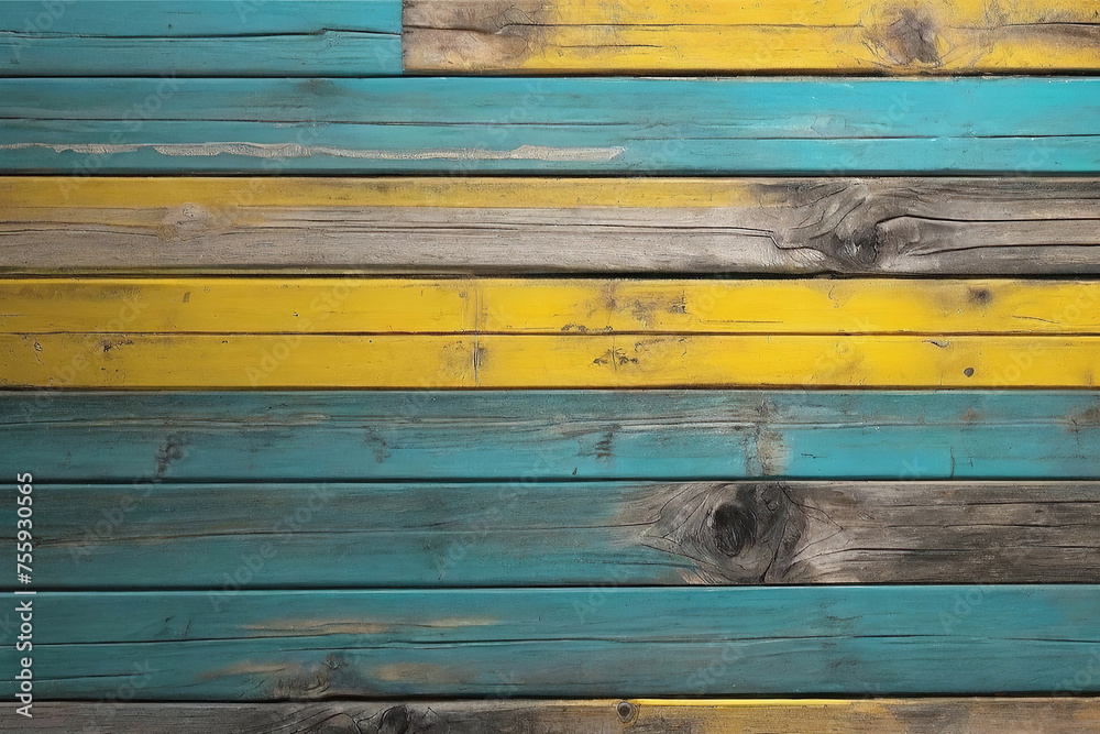 Fototapeta premium yellow and turquoise and brown and black and old used dirty outdoor weathered wood wall wooden plank board texture background 