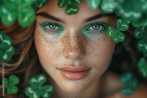 Lively scene featuring a girl with vivid green makeup amidst a sea of clovers on sent Patrick s day. Depict the vibrant celebration and joy of the festive occasion