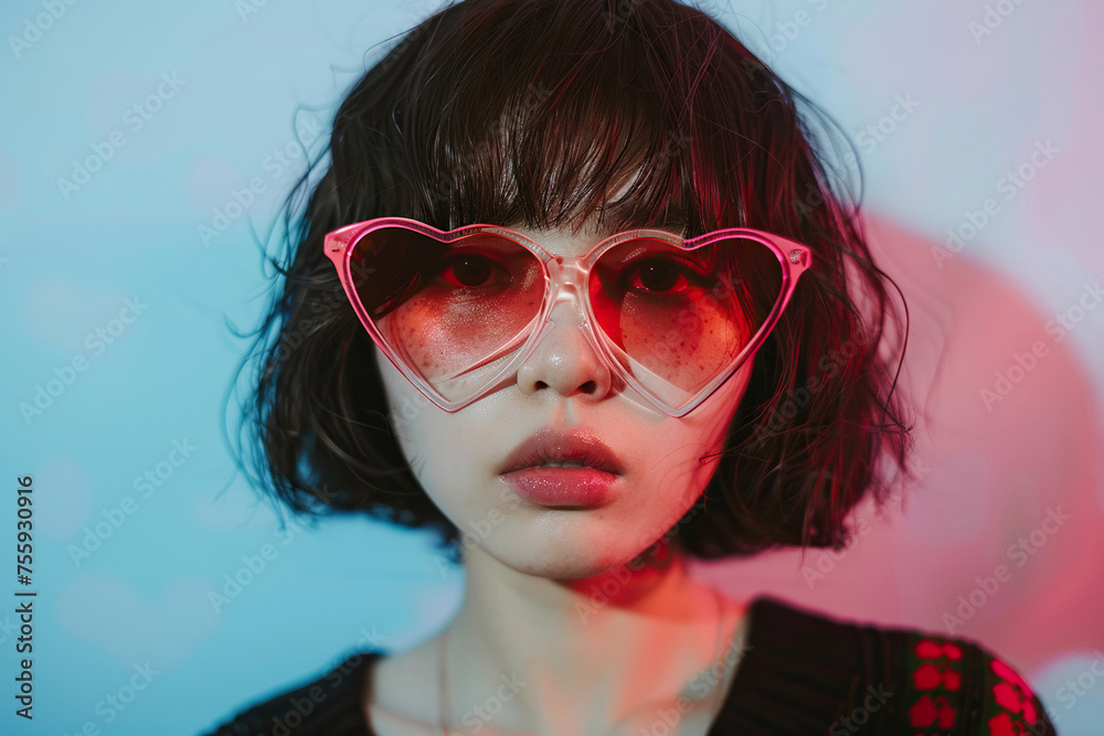 Studio portrait of a cool young Japanese woman posing wearing heart shaped love sunglasses Studio portrait of a cool young Japanese woman posing wearing heart shaped love sunglasses