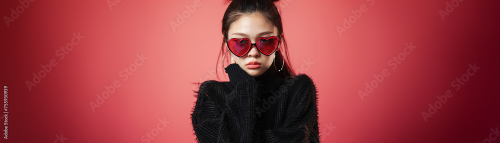 Studio portrait of a cool young Japanese woman posing wearing heart shaped love sunglasses Studio portrait of a cool young Japanese woman posing wearing heart shaped love sunglasses