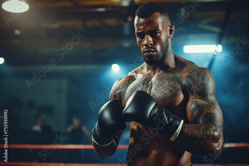 Tattooed African American mixed martial artist with gloves standing in a ring, focused before a fight, opponent in background, intense sports competition, athletics competition event.
