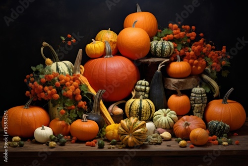 Pumpkins and gourds arranged in a display