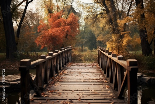 Rustic wooden bridge in an autumn park