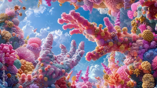 Bright Bacterial Cosmos  Imagined World of Hands Covered in Multicolored Microbes on a Lively Sky.