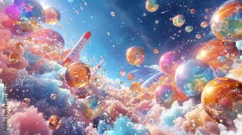 Colorful Bubble Fantasy: Rocket Launching into Unknown Realms.