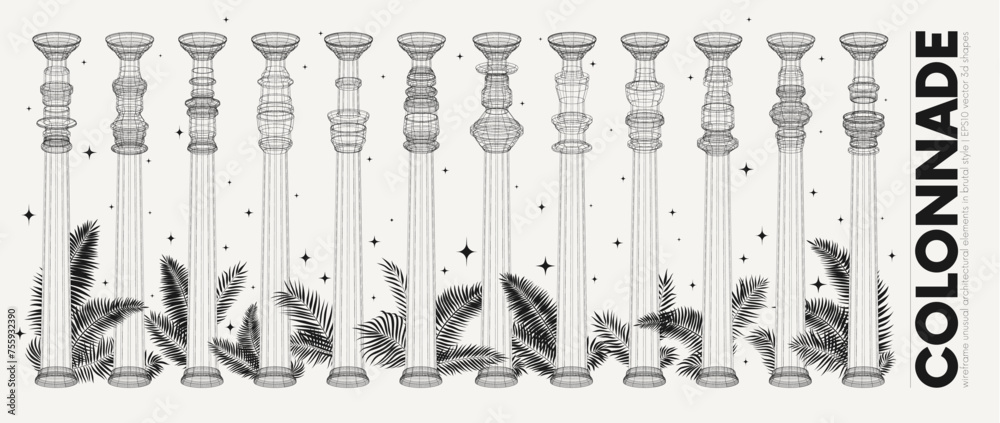 Vector graphic assets of unusual column wireframe with tropical leaves, Strange stylized figures 3D surreal architectural elements, grid fantastic linear pillar inspired by brutalism