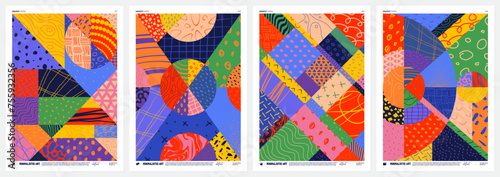 Abstract vector geometric mosaic Posters with bizarre colorful motley pattern in patchwork style, Hand drawn modern wall art with aesthetic naive ornament, set 1