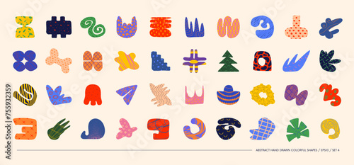 Collection of minimalistic bizarre abstract geometric shapes and forms with different textures in contemporary style, Hand drawn colorful primitive, Vector doodle objects and graphic elements, set 4