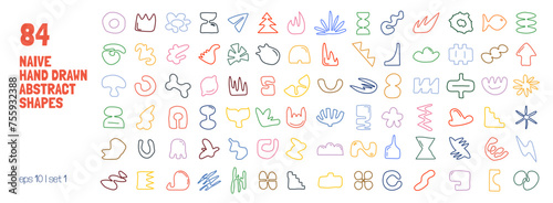 Set of contours of various unusual figures drawn hand, Linear scribble with a pencil or marker, Curve silhouettes minimal bizarre abstract playful geometric shapes, Simple childish art element, set 1