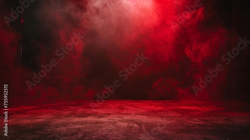Vivid red haze over a dark studio floor - The photo captures a dense red fog enveloping a shadowy, textured studio space, emitting a moody vibe