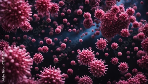 Highly detailed illustration of pink virus particles on a dark blue backdrop, symbolizing outbreak and infection © Ekaterina