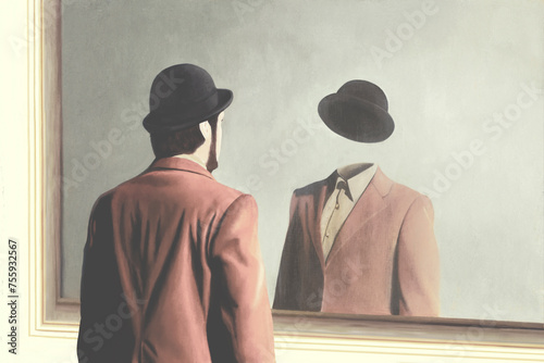 Illustration of man in front of mirror reflecting himself without face, identity absence surreal concept