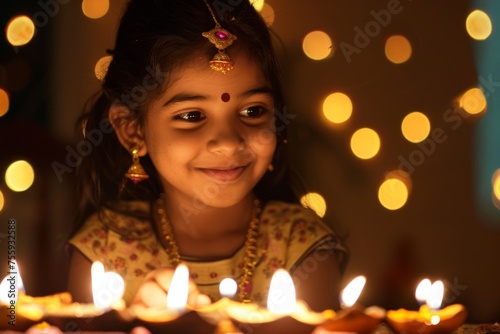 Young girl smiling with Diwali lamps - A young girl celebrates Diwali, the festival of lights, by lighting oil lamps and smiling joyfully amid festive decorations