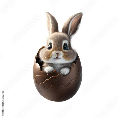 Encantador coelho 3D dentro de um delicioso ovo de chocolate. photo
