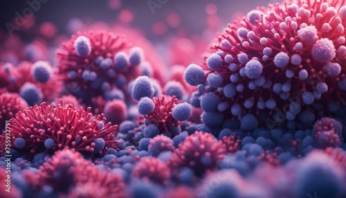 3D rendering of virus particles in red and blue hues with a focus on surface spike proteins