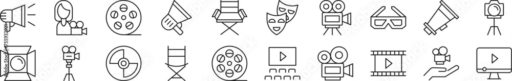 Movie Line Icons collection. Editable stroke. Simple linear illustration for web sites, newspapers, articles book