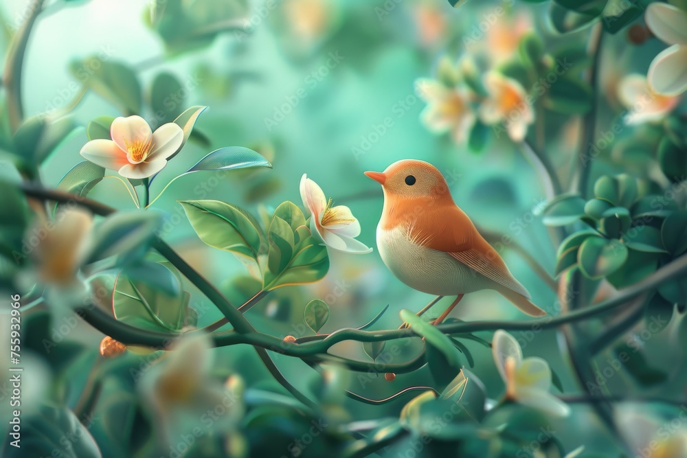 Cute little bird sitting on a branch with flowers. Nature background. Spring background