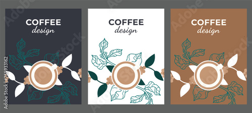 Set of color posters coffee design template banner poster card print packaging design Vector drawing coffee tree grains cup of coffee Vector file design elements.