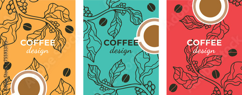 Set of color posters coffee design template banner poster card print packaging design Vector drawing coffee tree grains cup of coffee Vector file design elements.