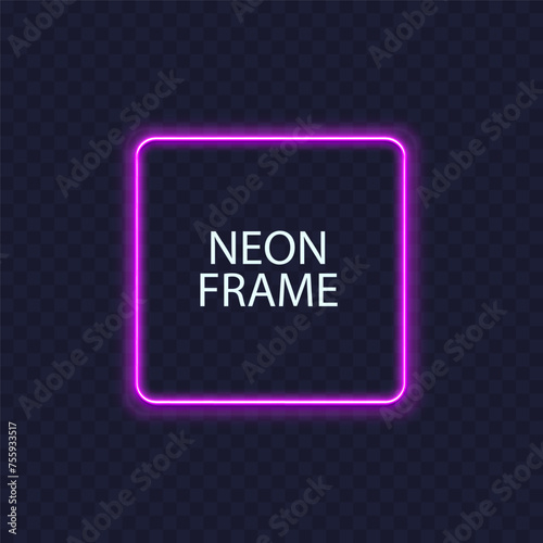 Square neon frames. Fluorescent outline border. Realistic vector led shape