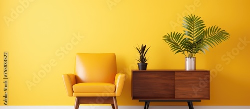 Modern living room with cabinet TV, leather armchair, and plant on yellow wall background