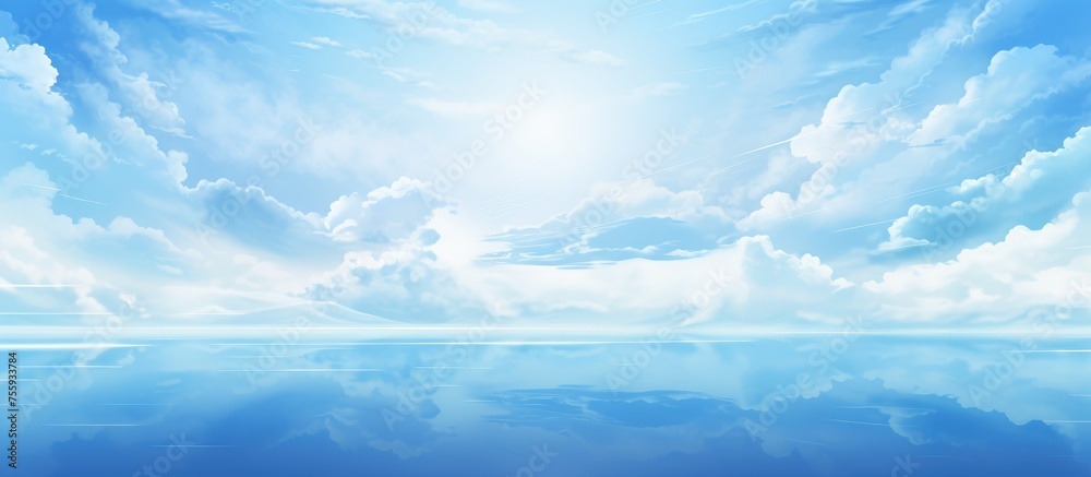 Electric blue cumulus clouds float in the calm atmosphere above the ocean, with the sun shining through, creating a picturesque natural landscape Electric blue cumulus clouds float in the calm atmosphere above the ocean, with the sun shining through, creating a picturesque natural landscape