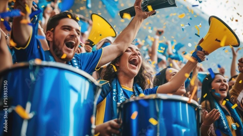 A jubilant crowd celebrates with musical instruments, smiles, and confetti in a stadium, adding to the happy atmosphere of this entertaining event. AIG41