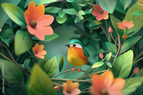 Cute little bird sitting on a branch with flowers. Nature background. Spring background © MrHamster