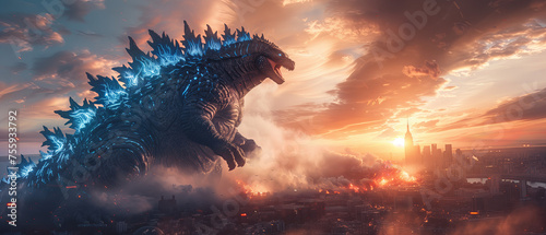Godzilla king, godzilla walking, godzilla in a sunset, godzilla scream photo