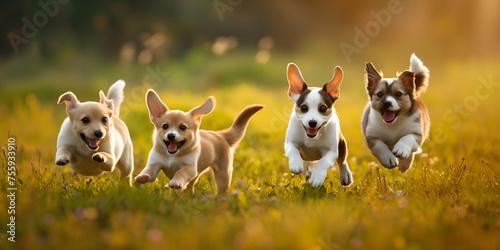Four Playful Puppies Frolicking Joyfully in a Sunny Field During Golden Hour. AI.