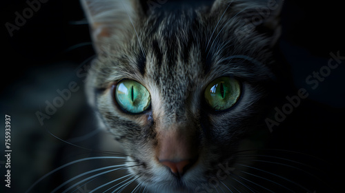 Close-Up Portrait of a Tabby Cat With Piercing Green Eyes in Dim Light. AI. © Vasyl