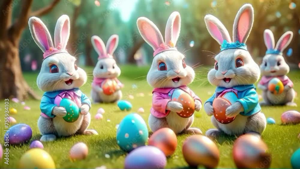 Several cute Easter bunnies are sitting on the lawn surrounded by Easter eggs and sweets. Several cute Easter bunnies are sitting on the lawn surrounded by Easter eggs and sweets.