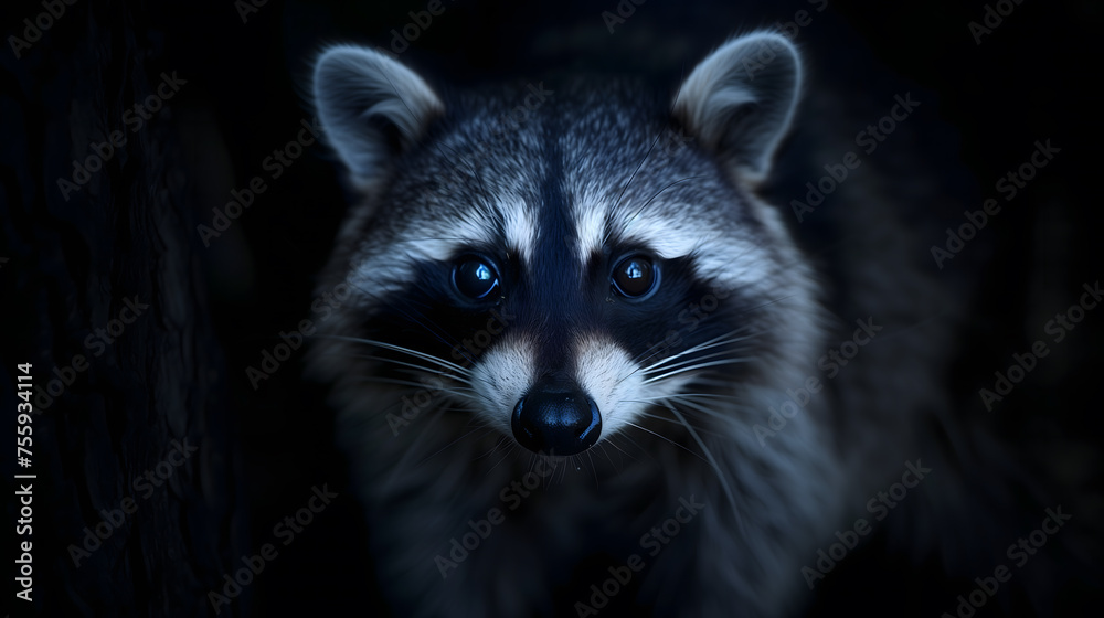 Portrait of a Curious Raccoon Emerging From the Darkness at Night. AI. Portrait of a Curious Raccoon Emerging From the Darkness at Night. AI.