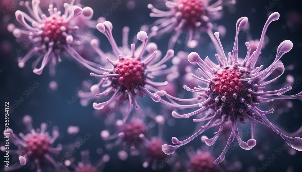 Dynamic 3D Viral Particles in Purple Hues: Detailed depiction of viruses with intricate structures against a dark blue backdrop Dynamic 3D Viral Particles in Purple Hues: Detailed depiction of viruses with intricate structures against a dark blue backdrop