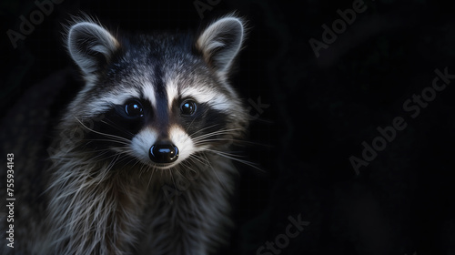 Portrait of a Curious Raccoon Emerging From the Darkness at Night. AI.
