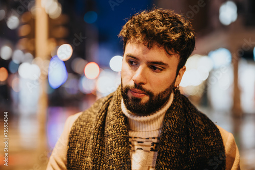 Pensive man in scarf outdoors at night with city lights blurred in the background, evoking urban life and contemplation. © qunica.com