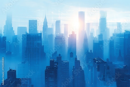 Sleek and towering skyscrapers of a futuristic smart city are beautifully aglow under the warm rays of the sun, set against a deep blue sky, symbolizing innovation