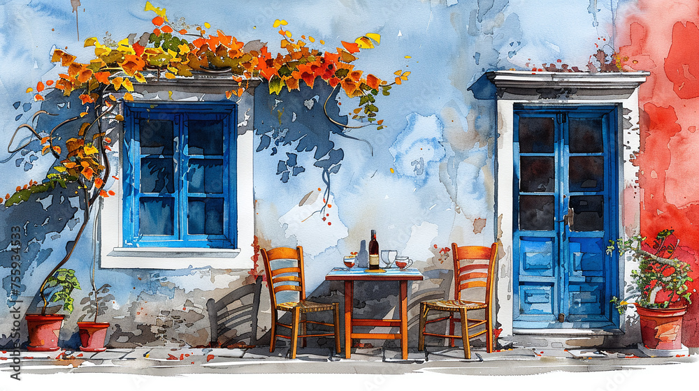 Obraz premium greece restaurant in watercolor painting design