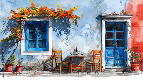 Fototapeta Naklejka Na Ścianę i Meble -  greece restaurant in watercolor painting design