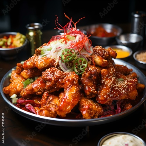Delicious Korean fried chicken garnished with green onions on a dark table