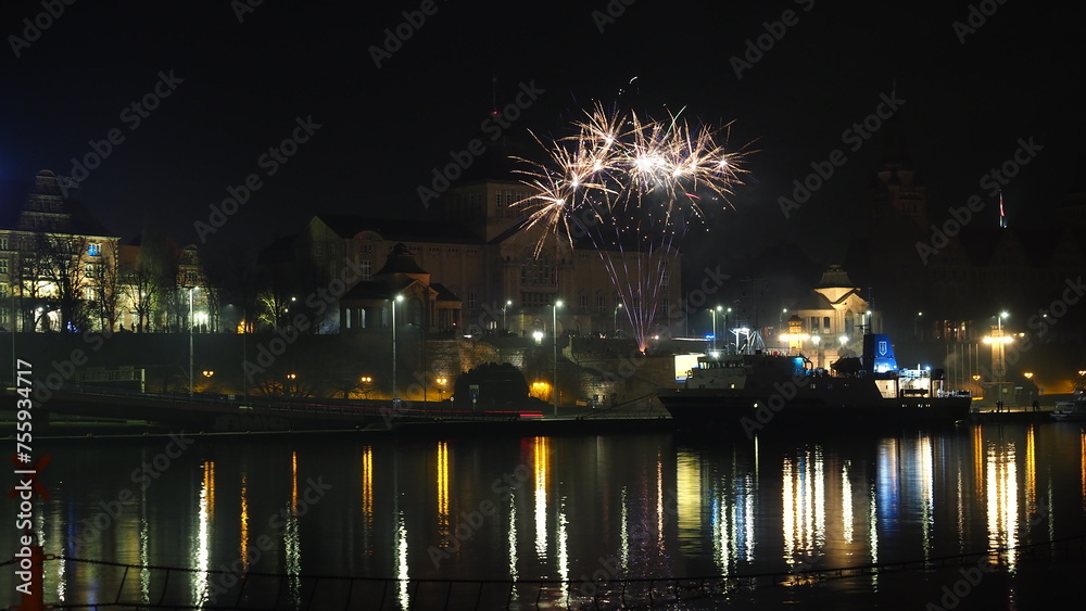 New Year's Eve Fireworks (2023-2024) at Way Chrobrego seen from across West Oder River, Szczecin Poland	