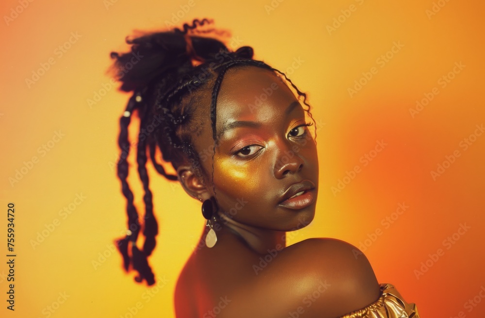 A black woman is adorned in elegant attire against a vibrant orange background; the combination of color and style captures attention. A black woman is adorned in elegant attire against a vibrant orange background; the combination of color and style captures attention.