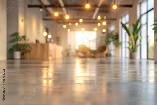 Blurred office interior with bright sunlight