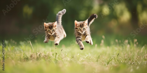 Two Tabby Kittens Playfully Leaping Together in a Sunny Meadow. AI.