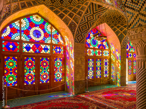 Iran. Shiraz. Nasir al-Mulk Mosque (also known as the Pink Mosque)  - the light creates stained glass patterns on the floor (fragment of the winter prayer hall)