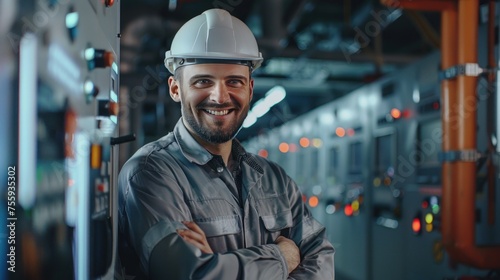 Portrait happy smiling male engineering technician on the industrial control room. AI generated
