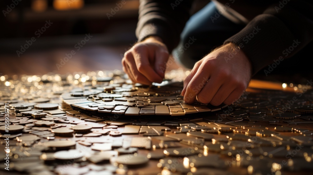 Close-up of a person fully engaged in solving a puzzle - obrazy, fototapety, plakaty 